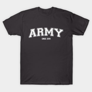 BTS Bangtan ARMY since 2019 varsity college text | Morcaworks T-Shirt